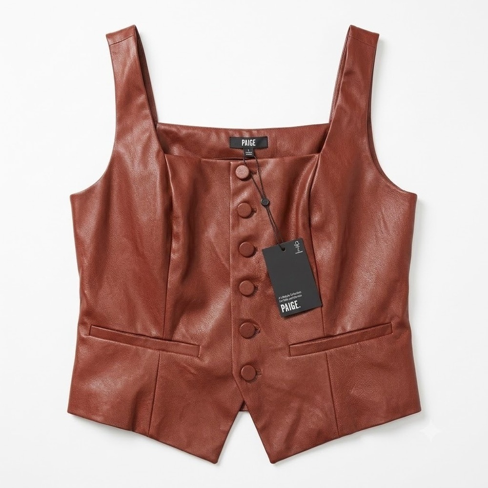 NWT PAIGE Women's Sz 6 Cognac Rust Leather Vest Btton Front Cropped Quiet Luxury